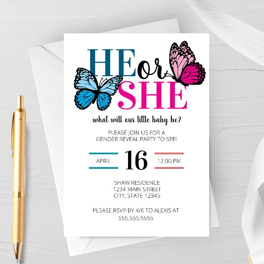 Spring Butterfly Gender Reveal Party Invitation 招待状