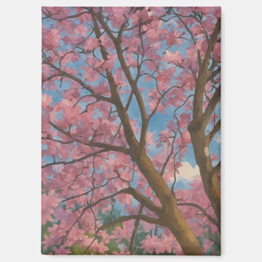 Spring Canopy – 桜の木と青空の絵画 マグネット (正面)