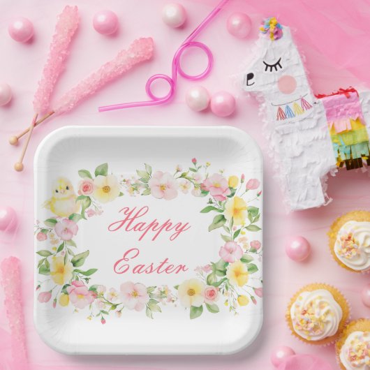 Spring Chick Floral Easter Egg Hunt Party ペーパープレート (パーティー)