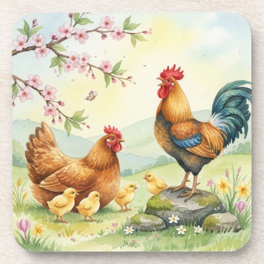 Spring chicken rooster farm country coasters コースター (正面)