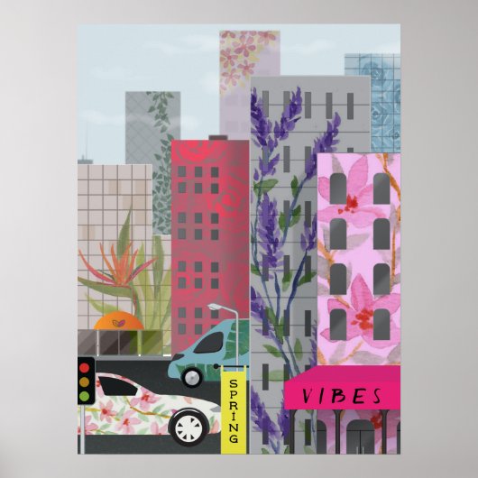 Spring City Vibes | 水彩フラワーアーバンアート ポスター (正面)