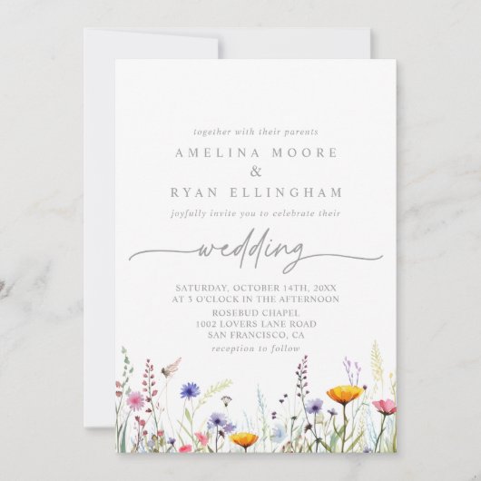 Spring Colorful Wildflower Front & Back Wedding 招待状 (正面)