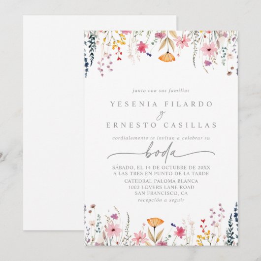 Spring Colorful Wildflower Spanish Wedding 招待状 (正面/裏面)