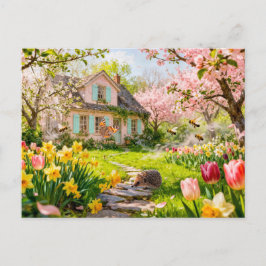 Spring Cottage with Bees, Hedgehog and Blossoming  ポストカード