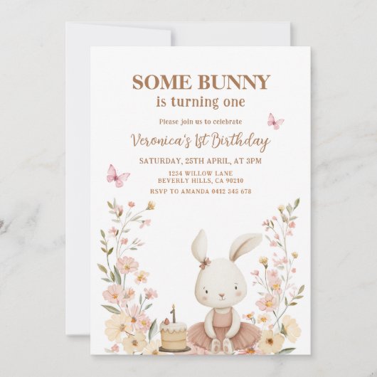 Spring Cute Bunny Rabbit 1st Birthday  招待状 (正面)