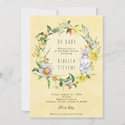 spring daffodil bunny baby shower invitation 招待状 (正面)