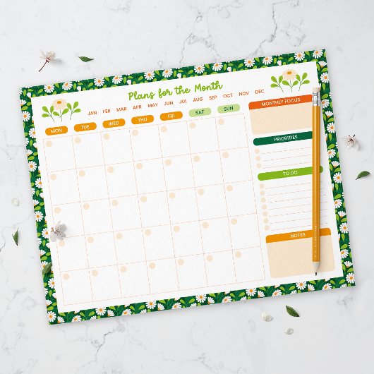Spring Daisies & Vine Monthly Monday Start Planner ノートパッド