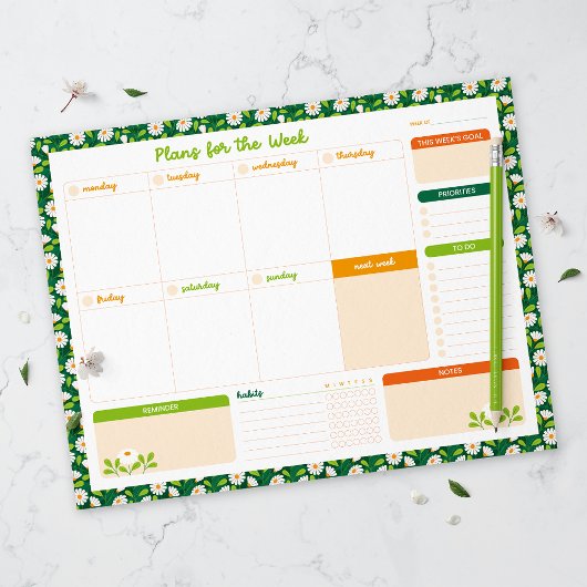Spring Daisies & Vine Weekly Monday Start Planner ノートパッド