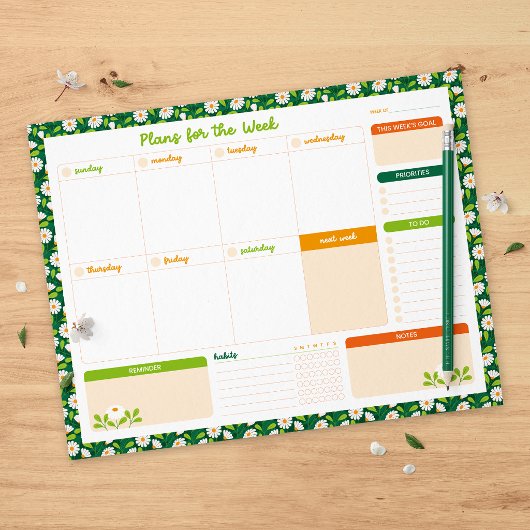 Spring Daisies & Vine Weekly Sunday Start Planner ノートパッド