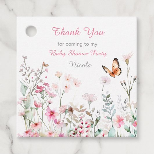 Spring Deep Pink Butterfly Floral Baby Shower フェイバータグ (正面)