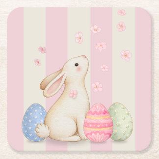 Spring Easter Bunny & Eggs Stripe  スクエアペーパーコースター