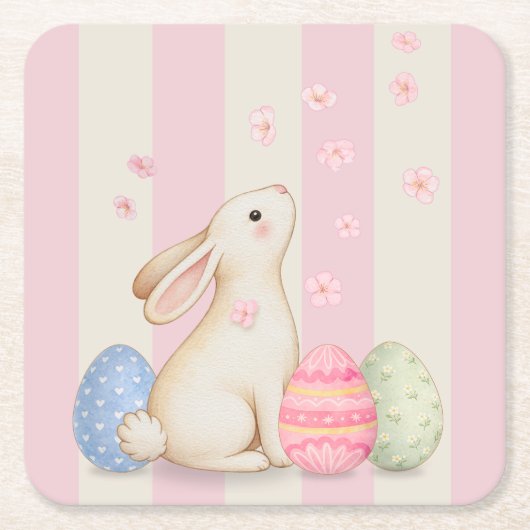 Spring Easter Bunny & Eggs Stripe  スクエアペーパーコースター (正面)