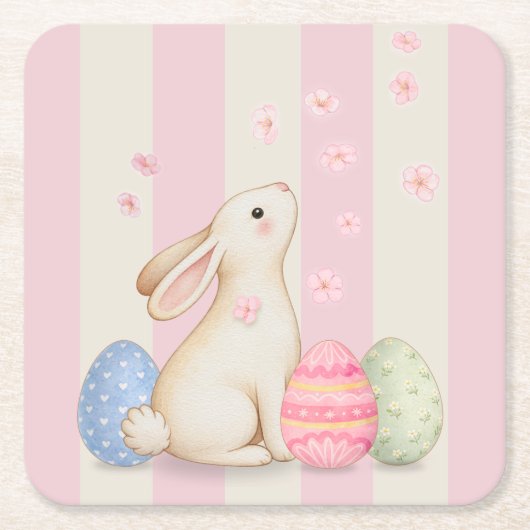 Spring Easter Bunny & Eggs Stripe  Square Paper Co スクエアペーパーコースター (正面)