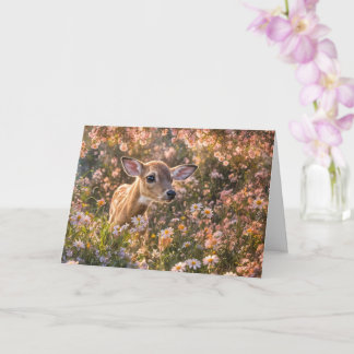 Spring Equinox Baby Deer Fawn Wildlife in Flowers カード