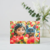 Spring Fantasy Girl and Cat in Tulips シーズンポストカード (スタンド正面)