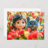 Spring Fantasy Girl and Cat in Tulips シーズンポストカード (正面/裏面)