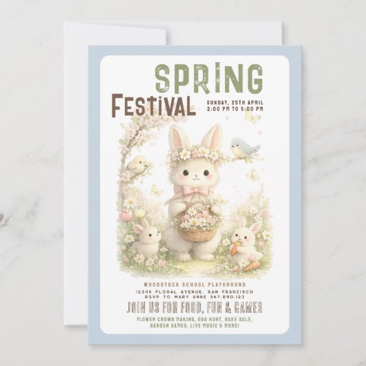 Spring Festival Cute Bunny Floral Easter 招待状 (正面)