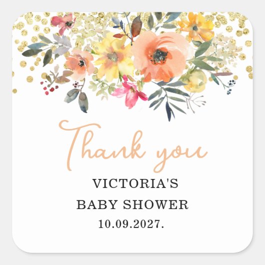 Spring Floral Baby Shower  スクエアシール (正面)