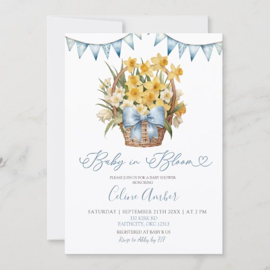 Spring Floral Blue Coquette Baby Shower 招待状 (正面)