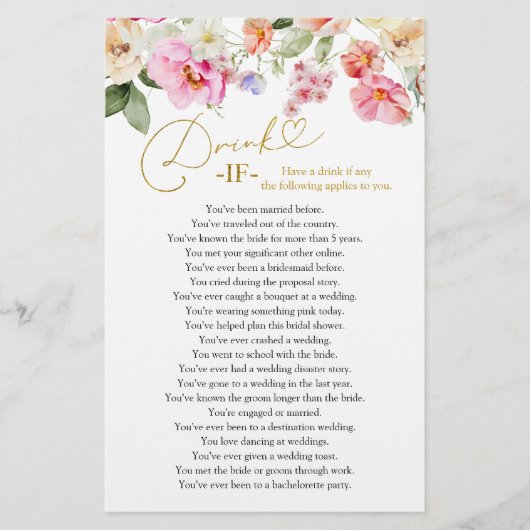 Spring Floral Bridal Shower Drink If Game Cards (正面)