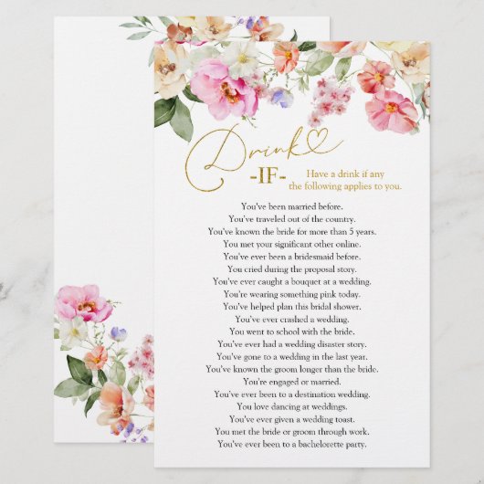 Spring Floral Bridal Shower Drink If Game Cards (正面/裏面)