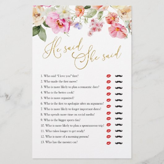 Spring Floral Bridal Shower He Said She Said Game (正面)