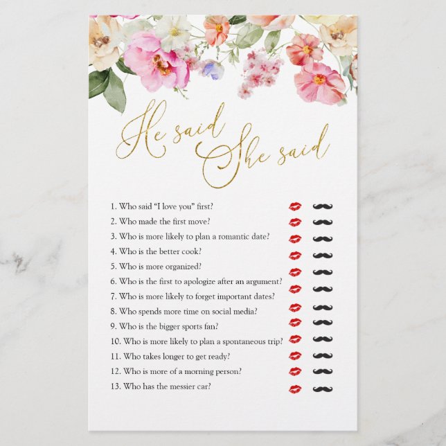Spring Floral Bridal Shower He Said She Said Game (正面)