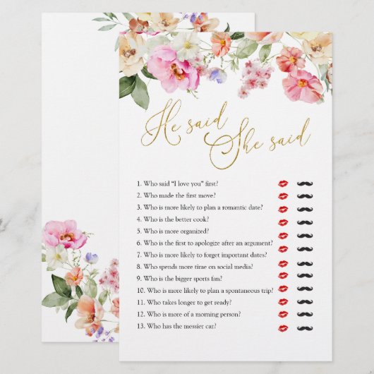 Spring Floral Bridal Shower He Said She Said Game (正面/裏面)