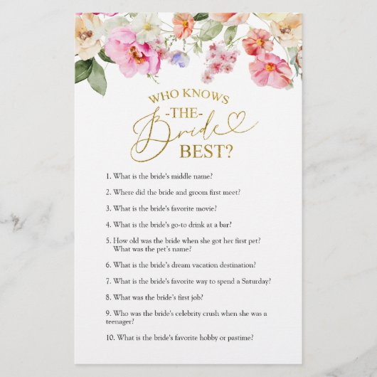 Spring Floral Bridal Shower Knows The Bride Game  (正面)