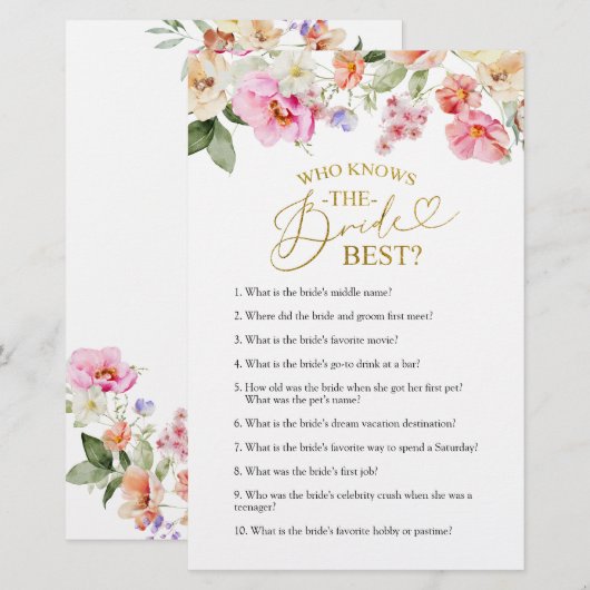 Spring Floral Bridal Shower Knows The Bride Game  (正面/裏面)