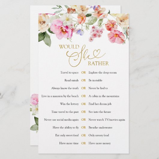 Spring Floral Bridal Shower Would She Rather Game (正面/裏面)