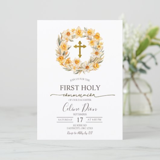 Spring Floral Daffodil Wreath 1st Holy Communion 招待状 (スタンド正面)