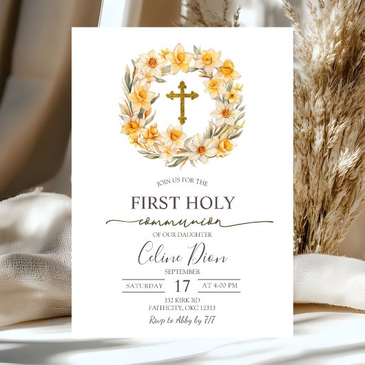 Spring Floral Daffodil Wreath 1st Holy Communion 招待状