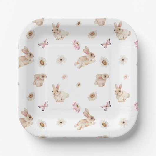 Spring Floral Easter Bunny Baby Shower ペーパープレート (正面)
