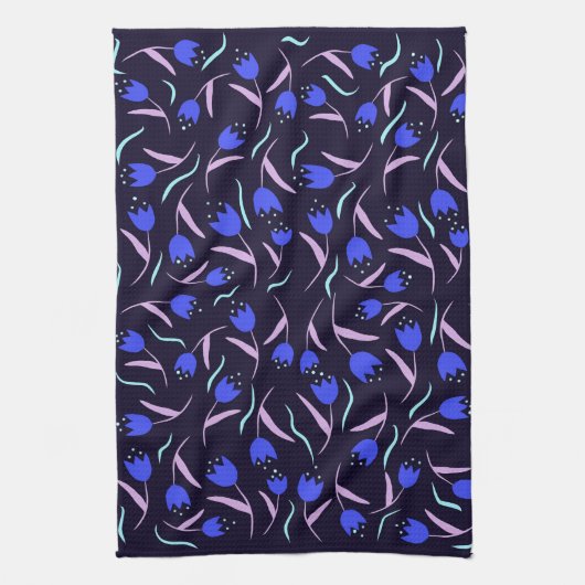 Spring Floral Pattern on Dark Blue Background キッチンタオル (縦)