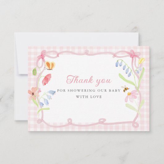 Spring Floral Pink Gingham Baby Shower サンキューカード (正面)