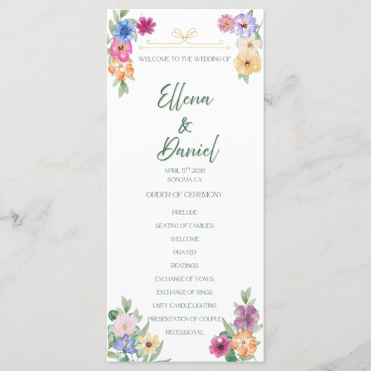 Spring Floral wildflower wedding program プログラム (正面)