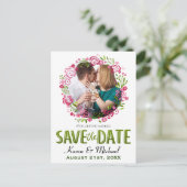 Spring Floral Wreath Custom Photo Save the Date ポストカード (スタンド正面)