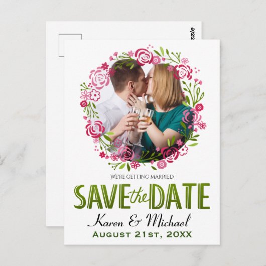 Spring Floral Wreath Custom Photo Save the Date ポストカード (正面/裏面)