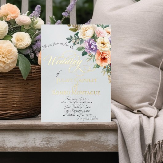 Spring Floral & Wreath Monogram - Pearl White 箔招待状