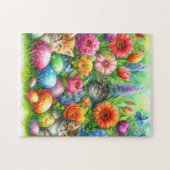 Spring Flowers Easter Eggs and Kittens in Garden  ジグソーパズル (横)