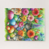 Spring Flowers Easter Eggs and Kittens in Garden  ジグソーパズル (横)