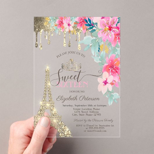 Spring Flowers Eiffel Tower Gold Drips Sweet 16 アクリル招待状 (インサイチュ (ポータブル))