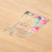 Spring Flowers Eiffel Tower Gold Drips Sweet 16 アクリル招待状 (レイダウン)