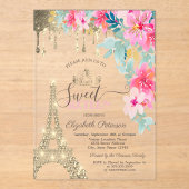 Spring Flowers Eiffel Tower Gold Drips Sweet 16 アクリル招待状 (正面)