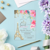Spring Flowers Eiffel Tower Gold Drips Sweet 16 アクリル招待状 (インサイチュ (ウェディング))