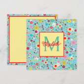 Spring Flowers on Aqua Blue Monogram ノートカード (正面/裏面)