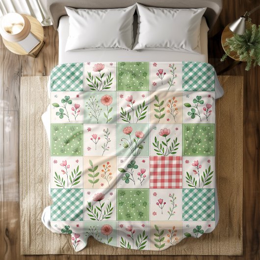 Spring Flowers Patchwork Quilt Fleece Blanket フリースブランケット