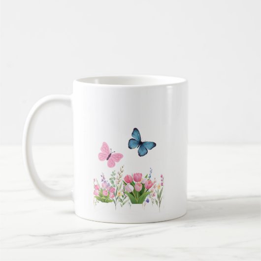 Spring Garden & Blue Butterflies Floral Mug – Eleg コーヒーマグカップ (左)