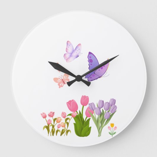Spring Garden Butterfly Wall Clock – Pink Tulips & ラージ壁時計 (正面)